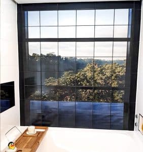 bathroom without window, printed tile mural