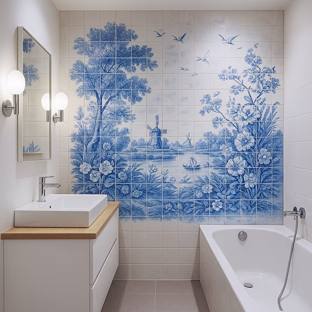 A bathroom with blue and white tile mural on the walls and a bathtub.