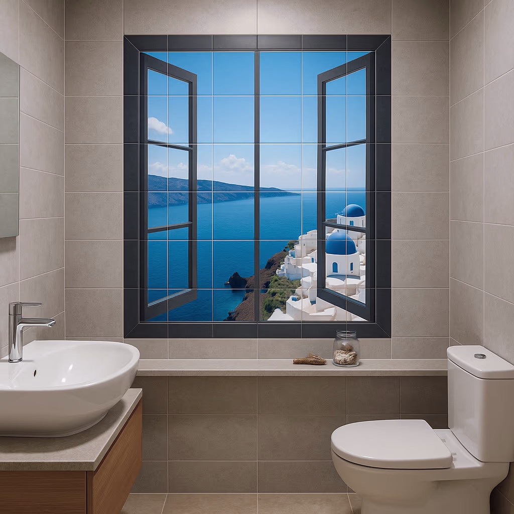 A bathroom with a window and a toilet.
