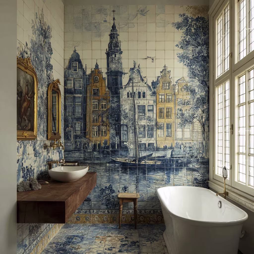 delft tiles mural in the bathroom