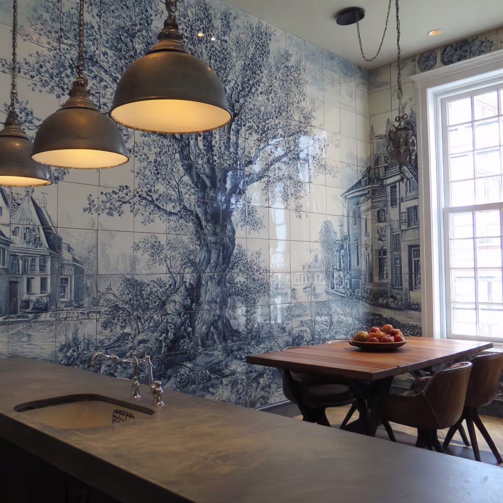 delft tiles mural in the kitchen